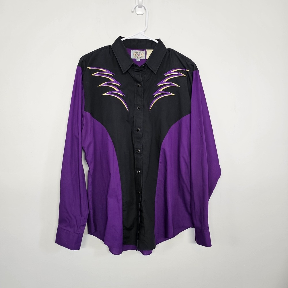 Vintage ELY Diamond Western Purple⚡Black Pearl Button Long Sleeve Shirt XL